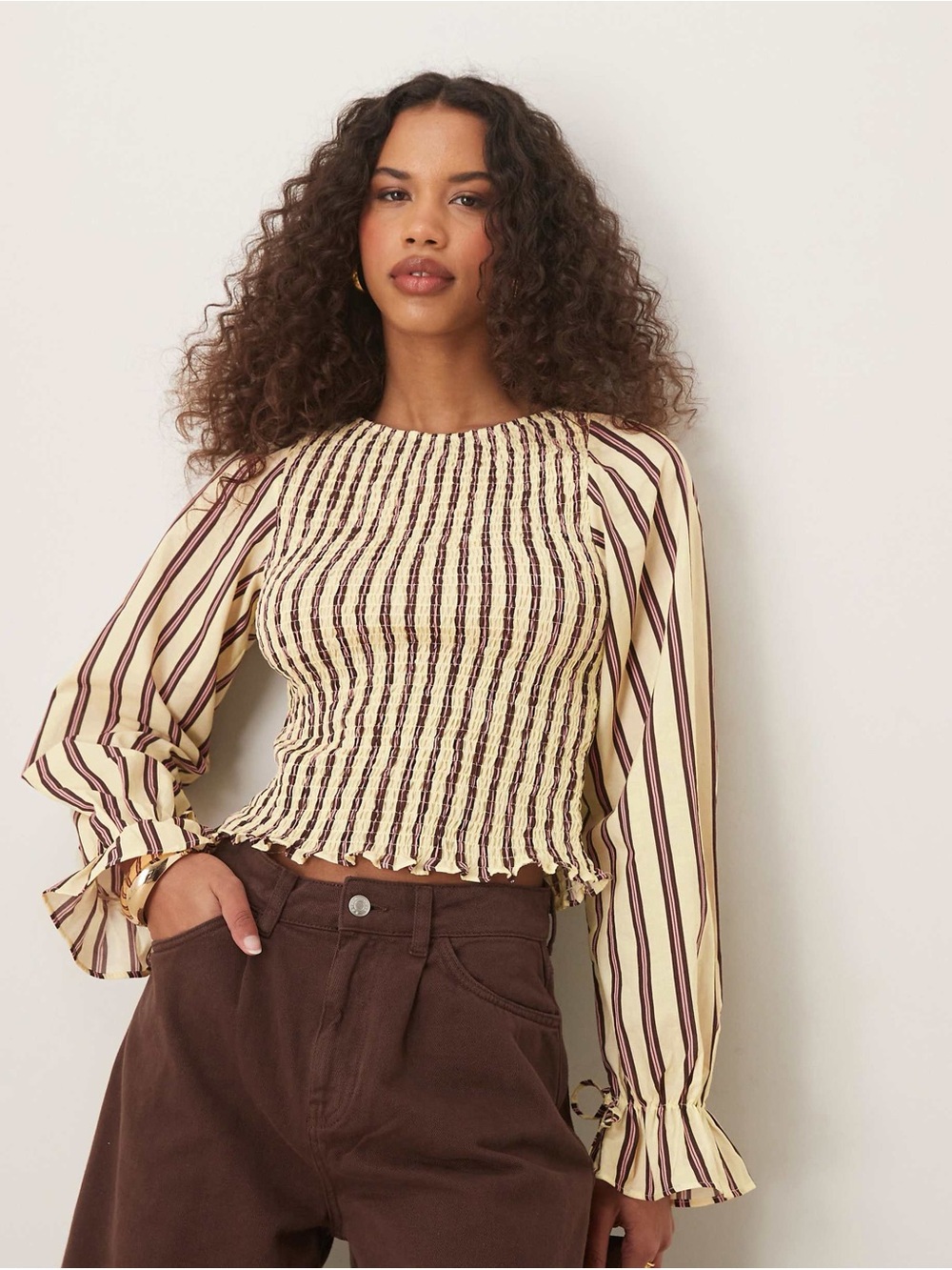 ASOS DESIGN Smocked Cotton Shirred Long Sleeve Blouse Stripe Medium